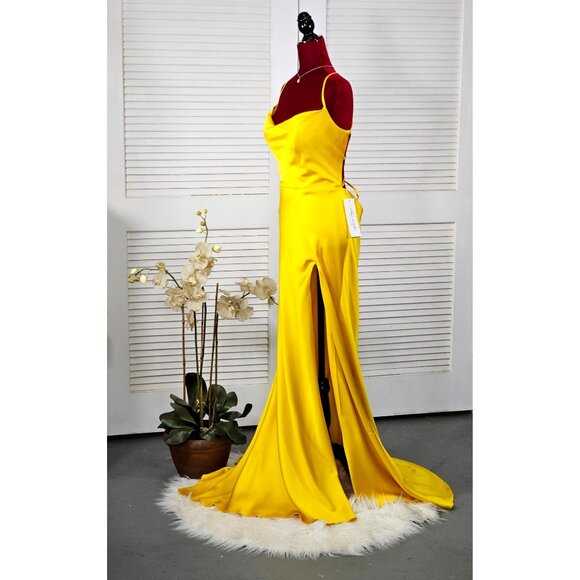 NWT Ellie Wilde Mon Cheri Sunflower Yellow Satin Long Prom Dress Size 16 1751 - Picture 4 of 16